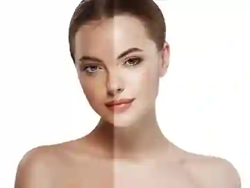 A woman with a half-shaved face and the other half without.